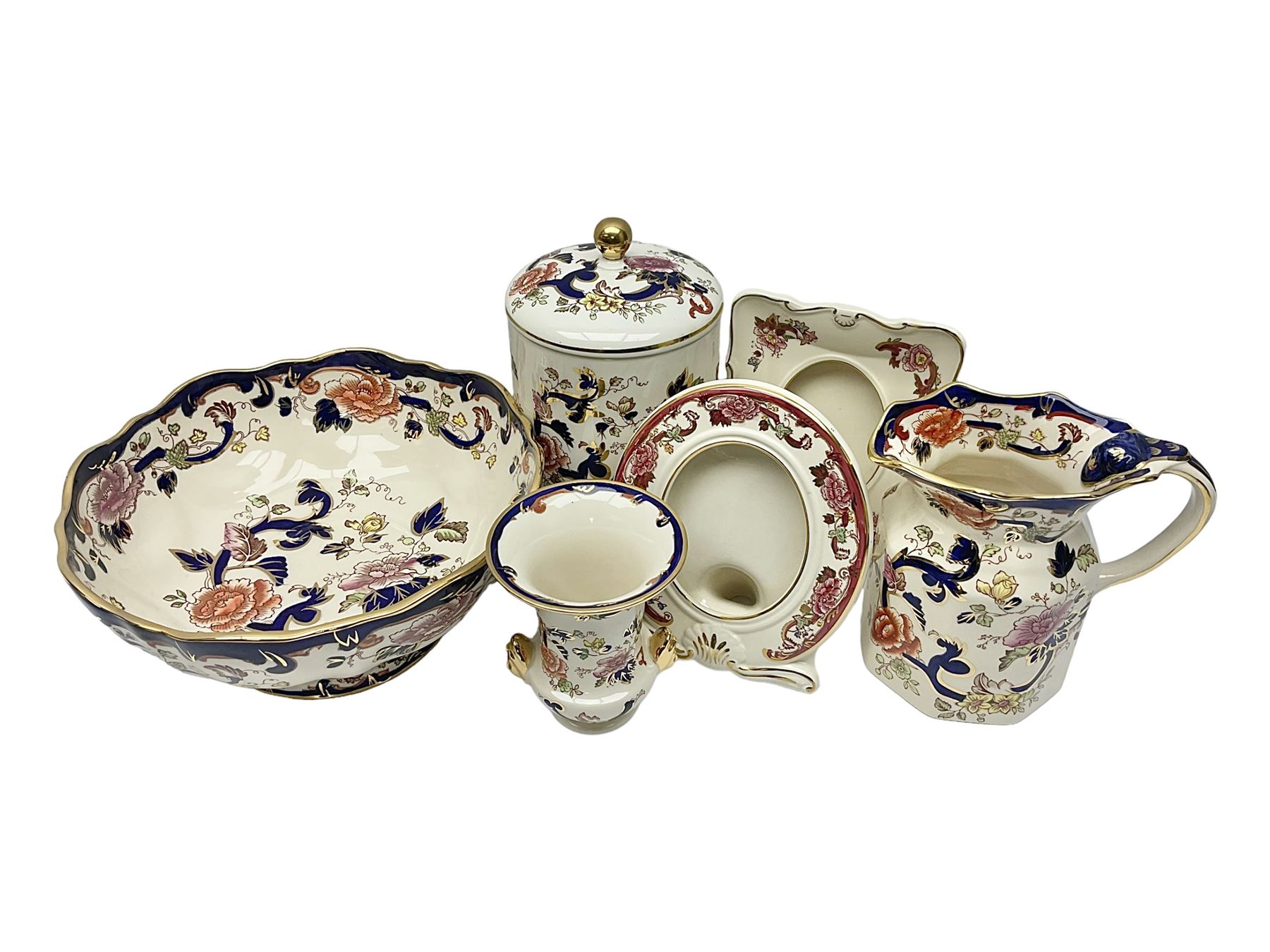 Masons Ironstone in the Mandalay pattern stepped dish, vase, jug , covered jar and two picture frames 