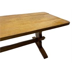 Gnomeman - large oak refectory dining table, rectangular adzed top on shaped end supports with sledge feet, united by pegged stretcher, carved with gnome signature, by Thomas Whittaker, Little Beck