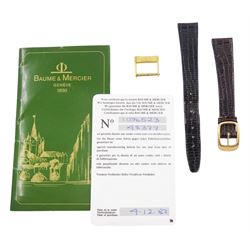 Baume & Mercier ladies 18ct gold quartz wristwatch, champagne dial with baton hour markers, hallmarked, on Baume & Mercier black leather strap, with gilt buckle, with guarantee card dated 1983