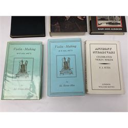 Fourteen books on violins and violin makers including Henley William: Universal Dictionary of Violin and Bow Makers. Five volumes. 1959/60. All first editions with dustjackets; Jalovec Karel: Encyclopaedia of Violin Makers. Two volumes. 1968. Vol.1 with d/j; Heron-Allen Ed.: Violin making As It Was, And Is. Two copies 1984 & 1991. Both with d/j; Henley W.: Antonio Stradivari. 1961; Fetis F.J.: Anthony Stradivari Celebrated Violin Maker. 1964 facsimile edition; Boyden David D.: catalogue of the Hill Collection of Musical Instruments in the Ashmolean Museum. 1979; and two others (14)