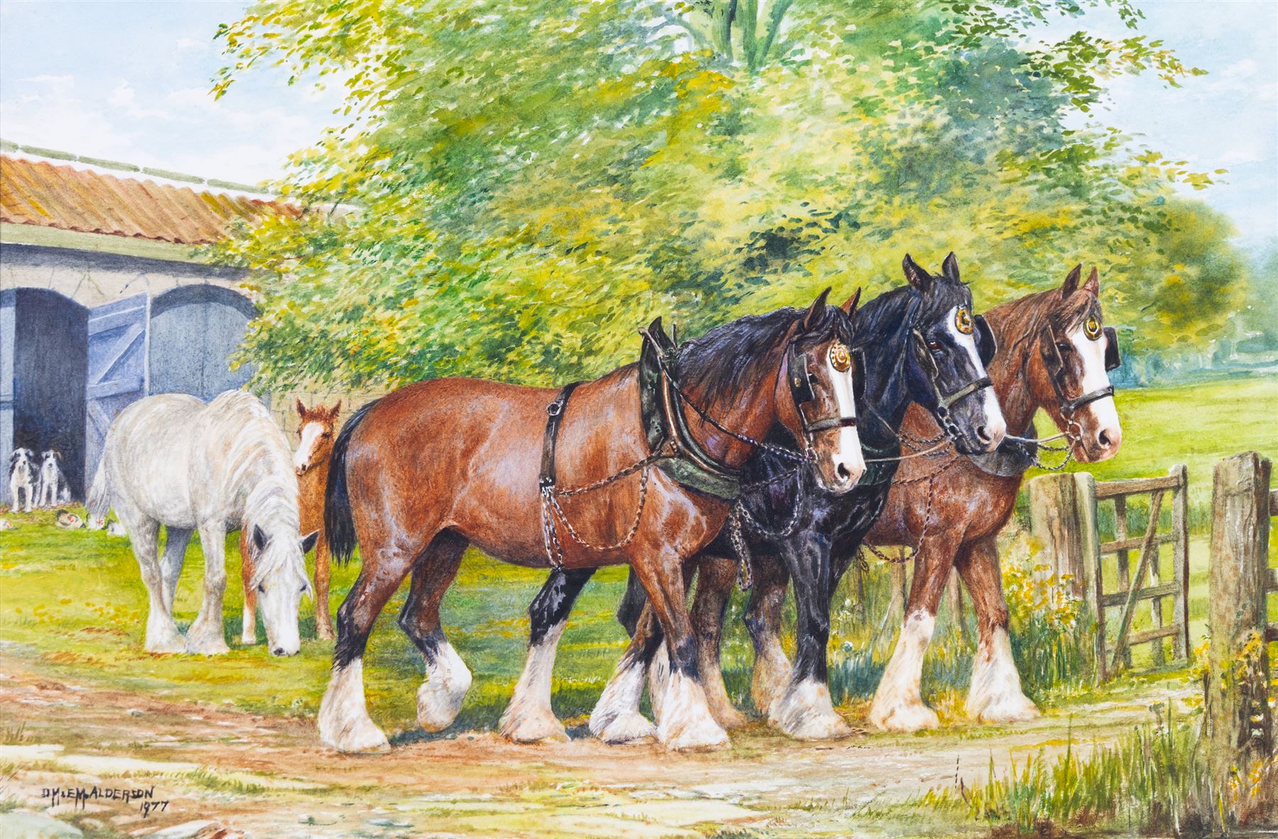 Dorothy Margaret Alderson (British 1900-1992) and Elizabeth Mary Alderson (British 1900-1988): Three Shire Horses, watercolour signed and dated 1977, 36cm x 54cm 