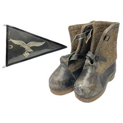Pair of German winter snow boots, leather and felt with wooden soles; together with a replica WW2 German Luftwaffe car pennant (3)