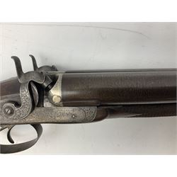 19th century John Jefferson of Scarborough 6-bore (modern 4-bore) double barrel side-by-side percussion gun, with 81cm stub twist damascus barrels (no provision for ramrod), well figured walnut stock with fine chequered grip and fore-end with horn tip and steel butt plate with long tang, well engraved lock and hammers with half-cock safeties on both sides, barrel sling swivel but rear sling swivel removed and replaced with silver escutcheon, London proofmarks, NVN, L128cm