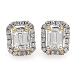  18ct white gold emerald cut diamond halo cluster stud earrings, stamped 750, diamond total weight 1.12 carat, with certificate  