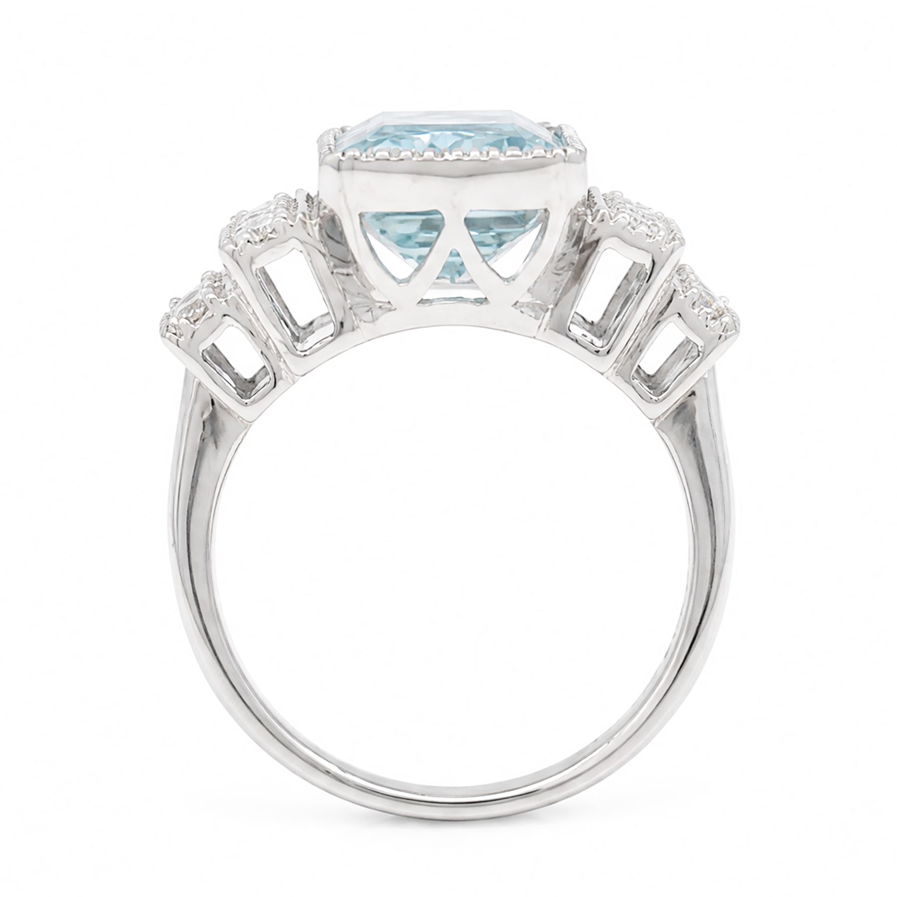18ct white gold aquamarine and diamond stepped design ring, single milgrain set octagonal cut aquamarine of approx 7.00 carat, with seven round brilliant cut diamonds set either side, stamped 750, total diamond weight approx 0.40 carat