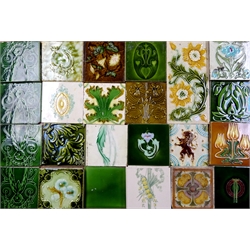 Collection of Victorian and early 20th century Art Nouveau dust-pressed glazed tiles, with floral tubeline stylized designs, moulded Rampant Lion, Acanthus leaf moulded design etc, approx 15cm x 15cm (31) Provenance: From a Private Yorkshire Collector  