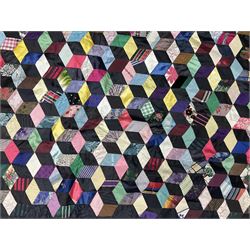 19th Century silk and satin tumbling blocks pattern patchwork quilt with black border 228cm X 196cm