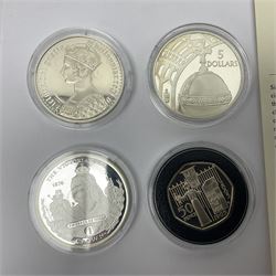 Thirteen silver coins, including Queen Elizabeth II Solomon Islands 2002 sterling silver five dollars, Alderney 2002 sterling silver five pounds, Fiji 2002 sterling silver ten dollars, United Kingdom 2003 one ounce fine silver Britannia, 2003 'Give Women The Vote' fifty pence etc, all with some form of certificate