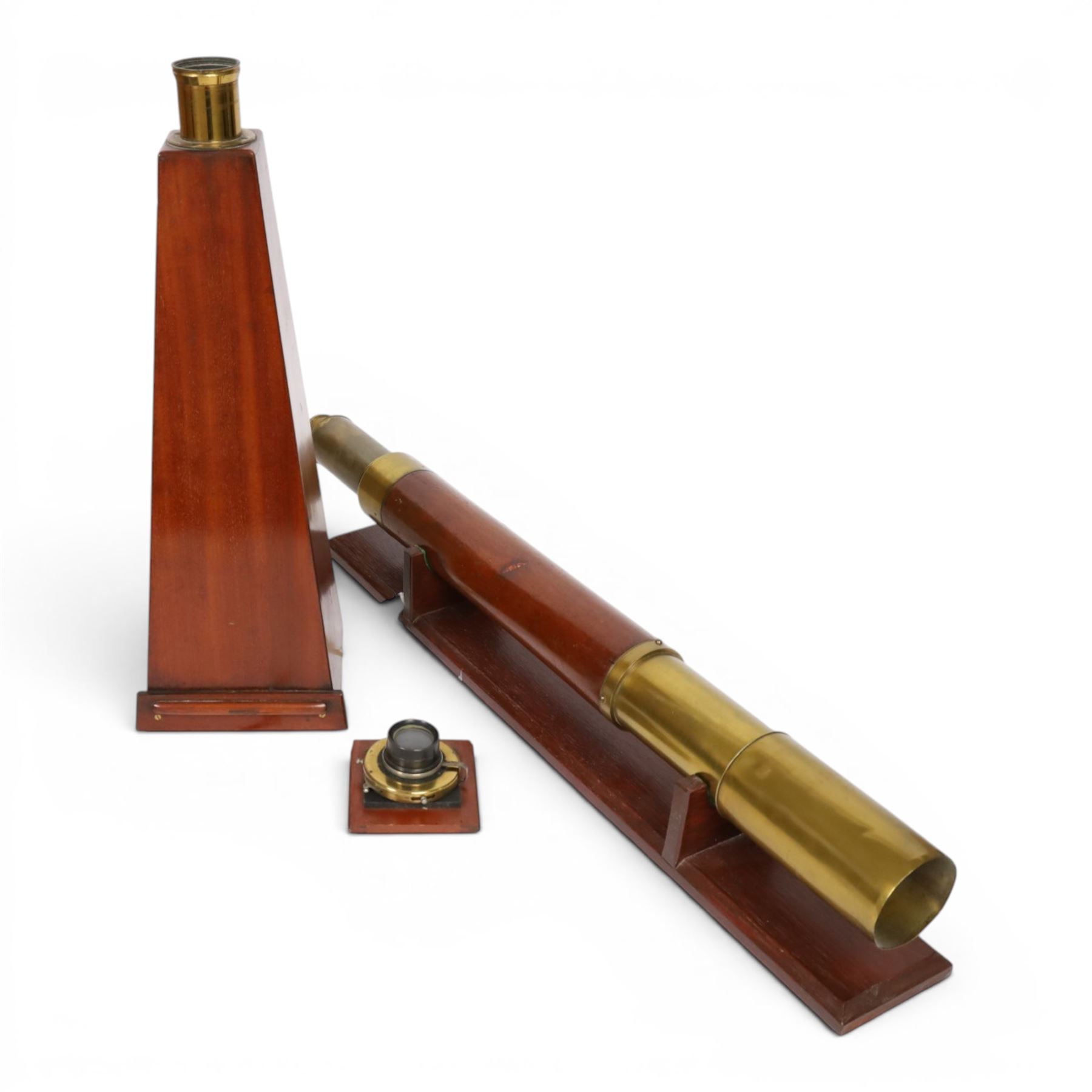 19th century single draw wooden telescope with brass mounts on a wooden stand, together with a mahogany and brass conical daylight enlarger and a B.I.T brass lens