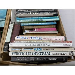 Collection of various train related books, ephemera include Legends of Steam, Northern Steam remembered, The Oxford Companion to British Railway History, Railways of the world, Moors line magazine etc, in six boxes