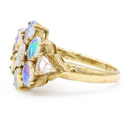 9ct gold opal, morganite and diamond cluster ring, three single cut diamond chips surrounded by six oval cut opals and two trilliant cut morganites, Birmingham 2007