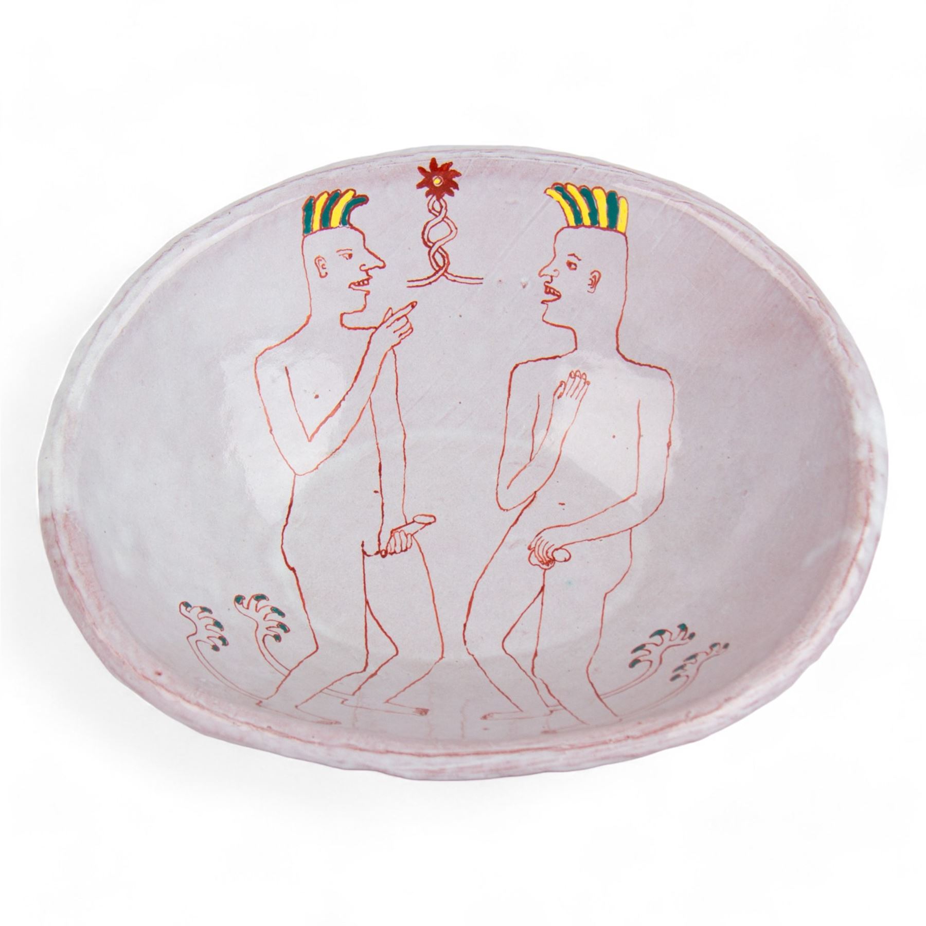 Hylton Nel (1941-) Studio pottery pedestal dish of oval from, 1995, the white ground decorated internally with two stylised figures, with makers mark and date to the base HN.14.12.95, H10cm, L30cm 