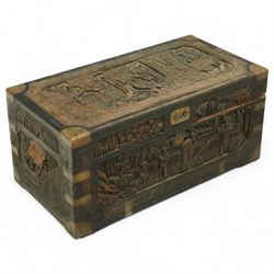 Early 20th century Chinese brass bound camphor wood coffer, rectangular form, the hinged l...