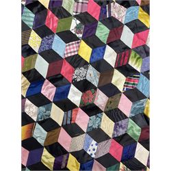 19th Century silk and satin tumbling blocks pattern patchwork quilt with black border 228cm X 196cm