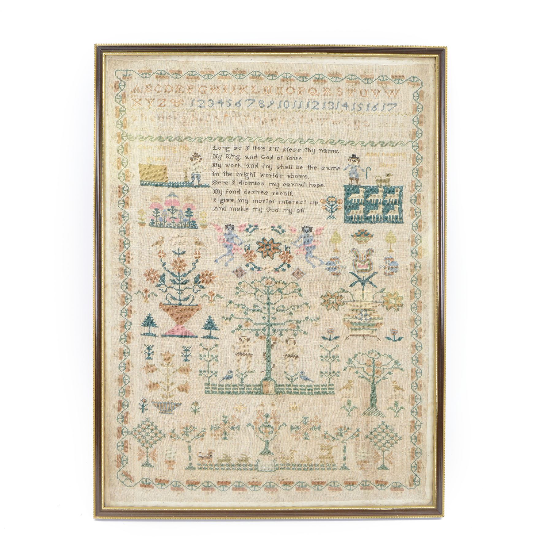 19th century sampler, floral boarder with the alphabet above verse 'long as I live I'll bless thy name ....' with figures and stylised flowers 