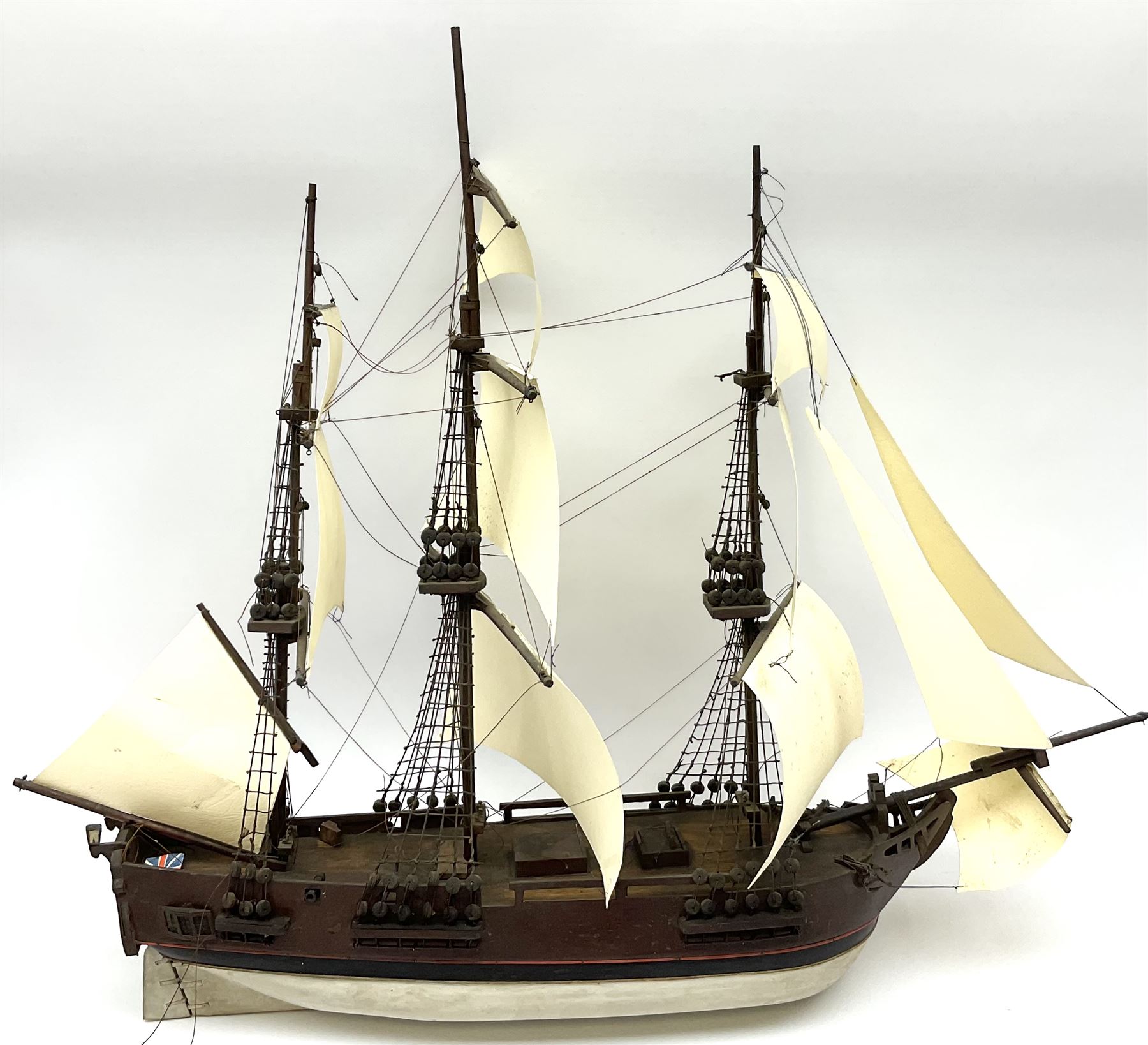 Late 19th, early 20th century, scratch built model of a three masted sailing ship with rigging, H50cm 