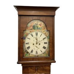 John Cameron & Son of Kilmarnock - late 19th century mahogany longcase clock c1870, with a flat topped pediment and blind frieze beneath, rectangular break arch hood door and sound frets to the hood sides, trunk with canted corners and a convex door with cushion mouldings, on a square plinth raised on turned bun feet, painted dial with a depiction of the abdication of Mary Queen of Scots to the arch and the four regions of the united Kingdom to the spandrels, with Roman numerals, minute track, date and seconds dials and stamped brass hands, dial pinned to a rack striking movement, striking the hours on a bell. With weights and pendulum. 