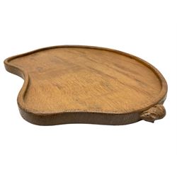 Mouseman - adzed oak kidney shaped tea tray with twin carved mouse signature handles, by the workshop of Robert Thompson, Kilburn, L47cm