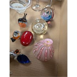 Collection of glassware, including two Caithness paperweights, Langham robin paperweight, Murano bell, etc