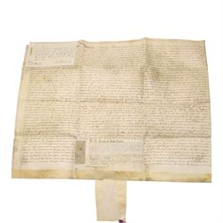 Boldero/Barnard family and Cave Castle estate interest - collection of 18th century vellum indentures and legal documents relating to the Boldero and Barnard families, including York city property in St Helen’s, Stonegate and Swinegate, the manor of Cornbrough in the parish of Sheriff Hutton, and later Henry Boldero Barnard of Cave Castle estate papers, with parties including Robert Fairfax, Jonathan Barnard, John Kilvington and John Lund, dated 1716-1786, with wax seals (approx. 15)