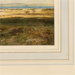 Thomas Swift Hutton (British 1860-1935): Shepherd Herding Flock through a Flat Landscape, watercolour signed 20.5cm x 32.5cm