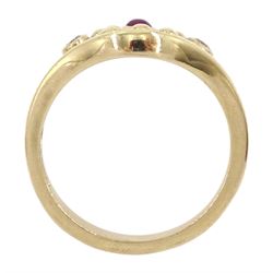 9ct gold three stone cabochon ruby and round brilliant cut diamond ring, Sheffield 1996