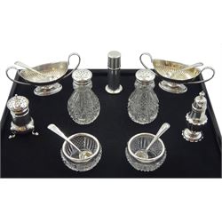 Pair of Victorian silver salts by John Aldwinckle & Thomas Slater, London 1889, silver pepperette  by Brook & Son, Edinburgh 1917, silver mounted cut glass cruets and two other silver cruets, hallmarked