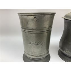 Group of George III and later pewter, to include four tankards, one example stamped 'City of Bristol', and plates of various size, including small plate engraved 'George Inn', various touch marks 
