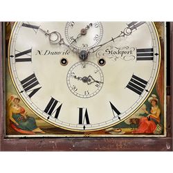 Nathaniel Dumville of Stockport - 8-day brass inlaid mahogany longcase clock c1840, swans neck pediment with ball and spire finials and wooden paterae, recessed break arch hood door flanked by rope twist pilasters, trunk with conforming pilasters and gothic ogee topped door, canted plinth raised on bracket feet, fully painted break arch dial with moon work and spandrels depicting the four seasons, centre with Roman numerals, minute track, subsidiary date and seconds dials, matching stamped brass hands, four pillar movement with an anchor escapement, rack striking on a bell. With weights and pendulum.
The Dumville family were prevalent Cheshire clockmakers working in Stockport 1820-42.
