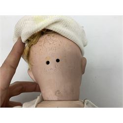 Carl Harmus Germany bisque head doll with applied hair, sleeping eyes, open mouth with teeth and composition body with jointed limbs; marked 'Harmus 313.4/0 Germany' H38cm; and Alt, Beck & Gottschalk Germany bisque head doll with applied hair, fixed eyes, open mouth with tongue and composition body with jointed limbs H44cm (2)