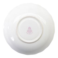 Royal Worcester fruit painted cabinet scallop edge teacup and saucer,  interior hand painted with apples and berries upon a mossy ground, the cup exterior and centre of saucer gilded, cup signed W. Bee and saucer signed H. Ayrton, each with puce coloured printed marks beneath, H8cm