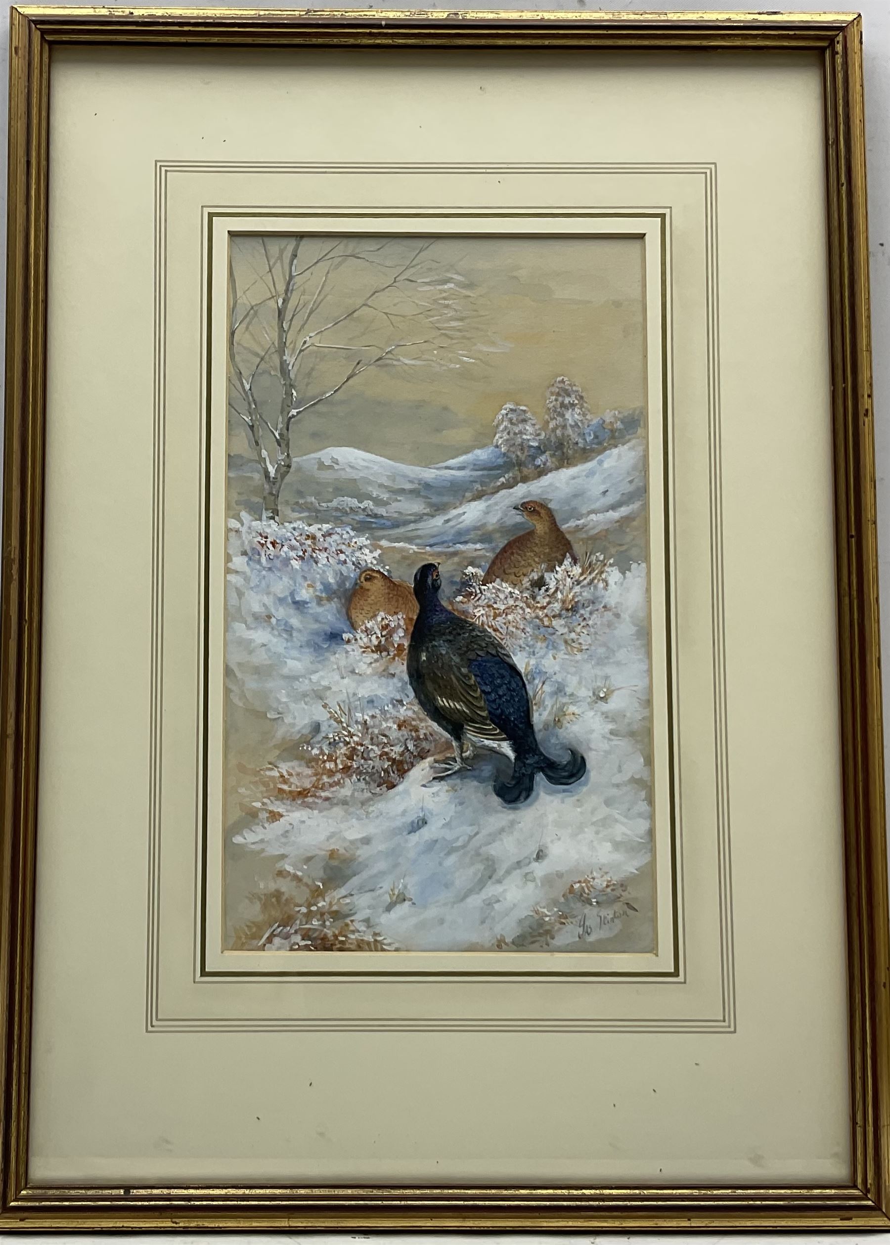 James Stinton (British 1870-1961): Pheasants and Grouse in Winter Landscapes, pair watercolours heightened in white signed 28cm x 16.5cm (2)