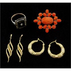 Victorian gold carved coral brooch, stone set ring stamped 9ct & sil and two pairs of 9ct gold earrings, stamped or tested