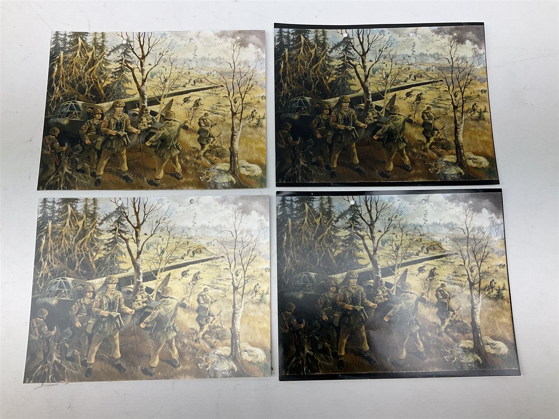 Presentation bronzed figure of a paratrooper by Peter Hicks mounted on a mahogany plinth with plaque inscribed ' Presented to Lieutenant General Sir Michael Gray KCB OBE President Army Parachute Association 1981-1987 An Outstanding Term of Leadership Friendship and Humour. Thank You All Ranks A.P.A.' H28cm; a brass Pegasus plaque H12cm; and small quantity of colour photographs and prints of military related paintings