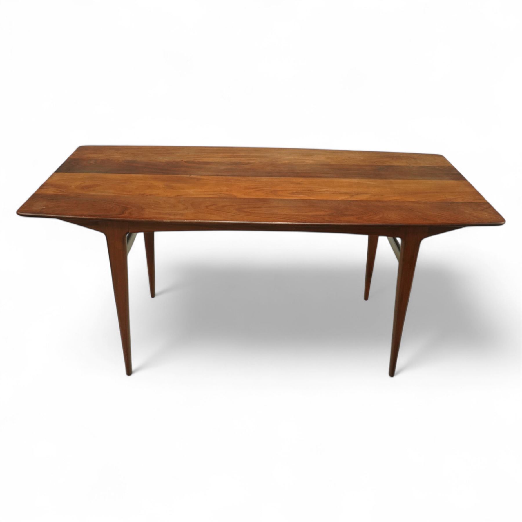 John Herbert for A. Younger  - Mid-century afrormosia teak Volnay dining table, of rectangular form with chamfered edges raised on tapering legs united by rounded stretchers, together with four afrormosia Volnay dining chairs with a gently curved top rail over triple splat open back on square tapering legs united by stretchers reupholstered in cream vinyl, chairs W50xD42xH88cm
