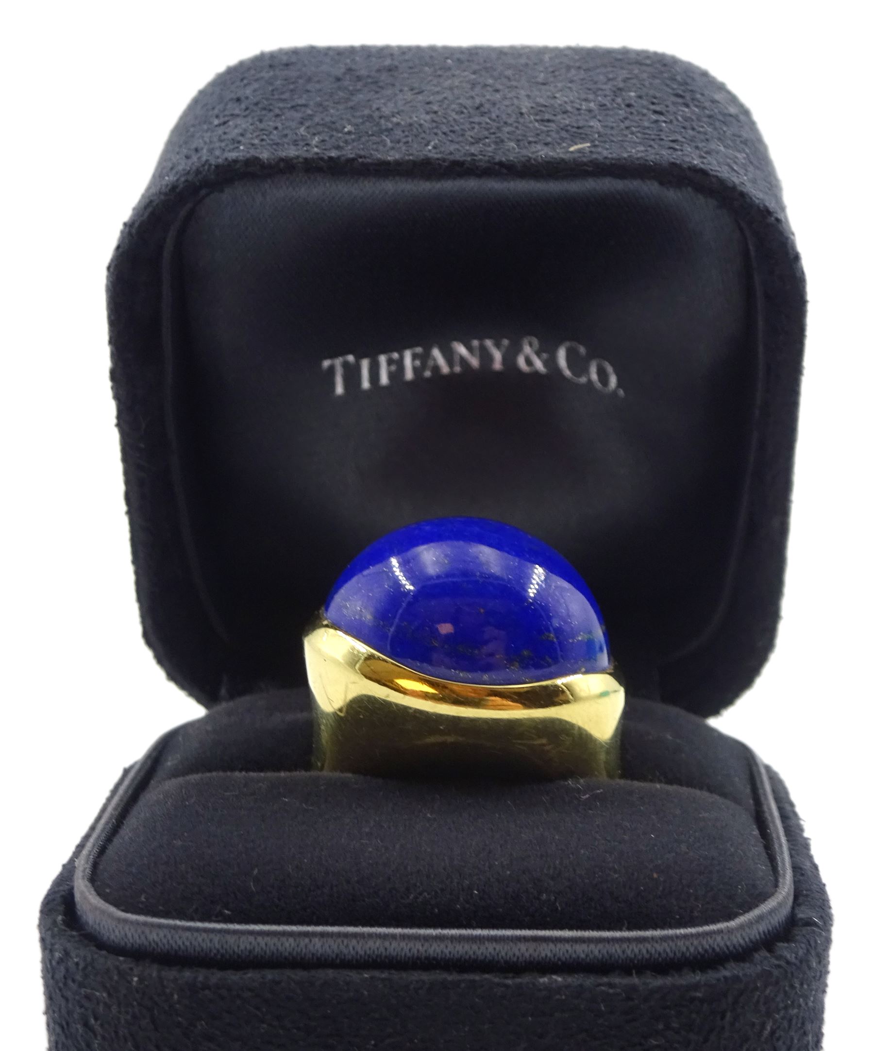 Tiffany & Co 18ct gold cabochon lapis lazuli ring by Elsa Peretti, stamped 750 with signature, boxed