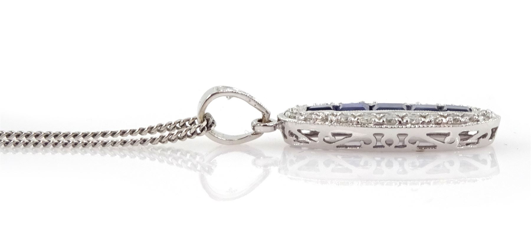 18ct white gold milgrain set calibre cut sapphire and round brilliant cut diamond pendant necklace, hallmarked, total diamond weight 0.30 carat