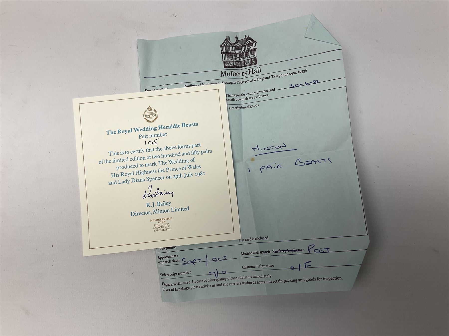 Pair of Minton Royal Wedding heraldic beasts for Mulberry Hall, 105/250 limited edition with box, H16cm