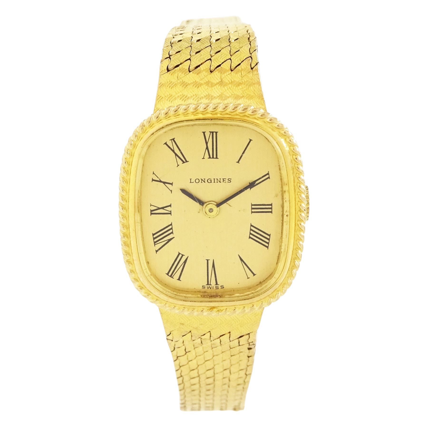 Longines ladies 9ct gold manual wind wristwatch, champagne gilt dial with Roman numeral hour markers, on integral 9ct gold bracelet, London import mark 1979
