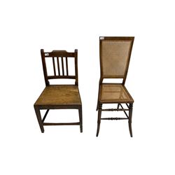 19th century mahogany high back side chair, with cane seat and back, raised on turned and tapered supports united by stretchers (W35cm H99cm); and a 19th century oak chair with slat back and panelled seat (W48cm H86cm)