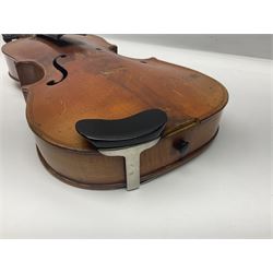 German violin c1900 for re-assembly with 36cm two-piece maple back and ribs and spruce top; L59cm; in ebonised wooden 'coffin' case with two bows