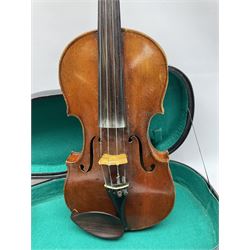 German violin c1900 with 35.5cm two-piece maple back and ribs and spruce top, bears label 'Antonius Stradivarius Cremonensis Faciebat Anno 1737', overall L59cm; in carrying case with German silver mounted pernambuco bow and another