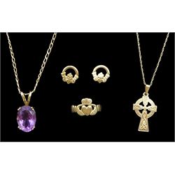Gold oval amethyst pendant necklace, gold Claddagh ring and similar stud earrings and a Celtic cross pendant necklace, all 9ct