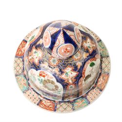 Japanese large Imari vase cover decorated with panels of flowers in orange, blue and gilt D33cm