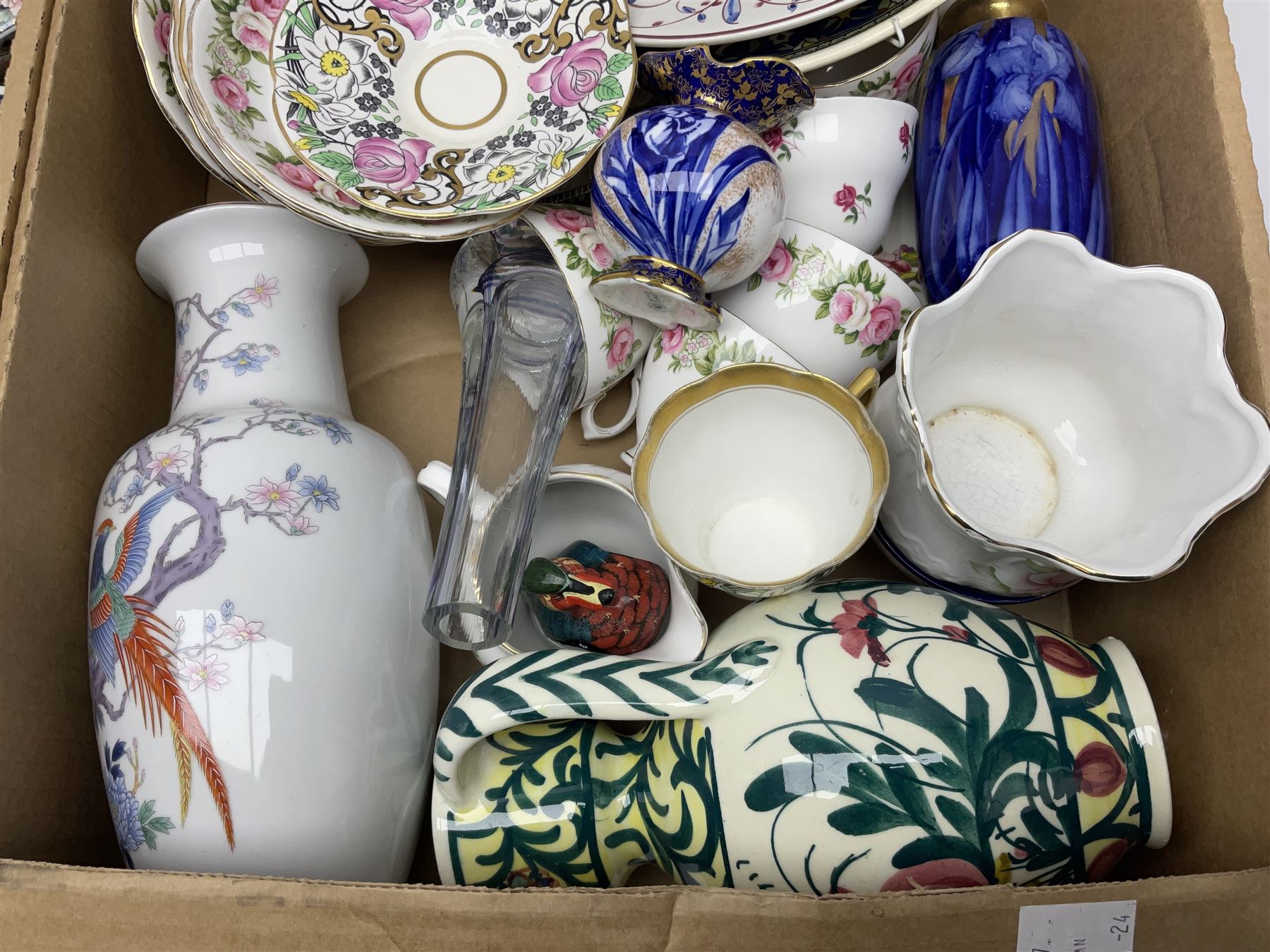 Small Royal Doulton vase, Colclough tea wares and other ceramics and collectables, in two boxes 