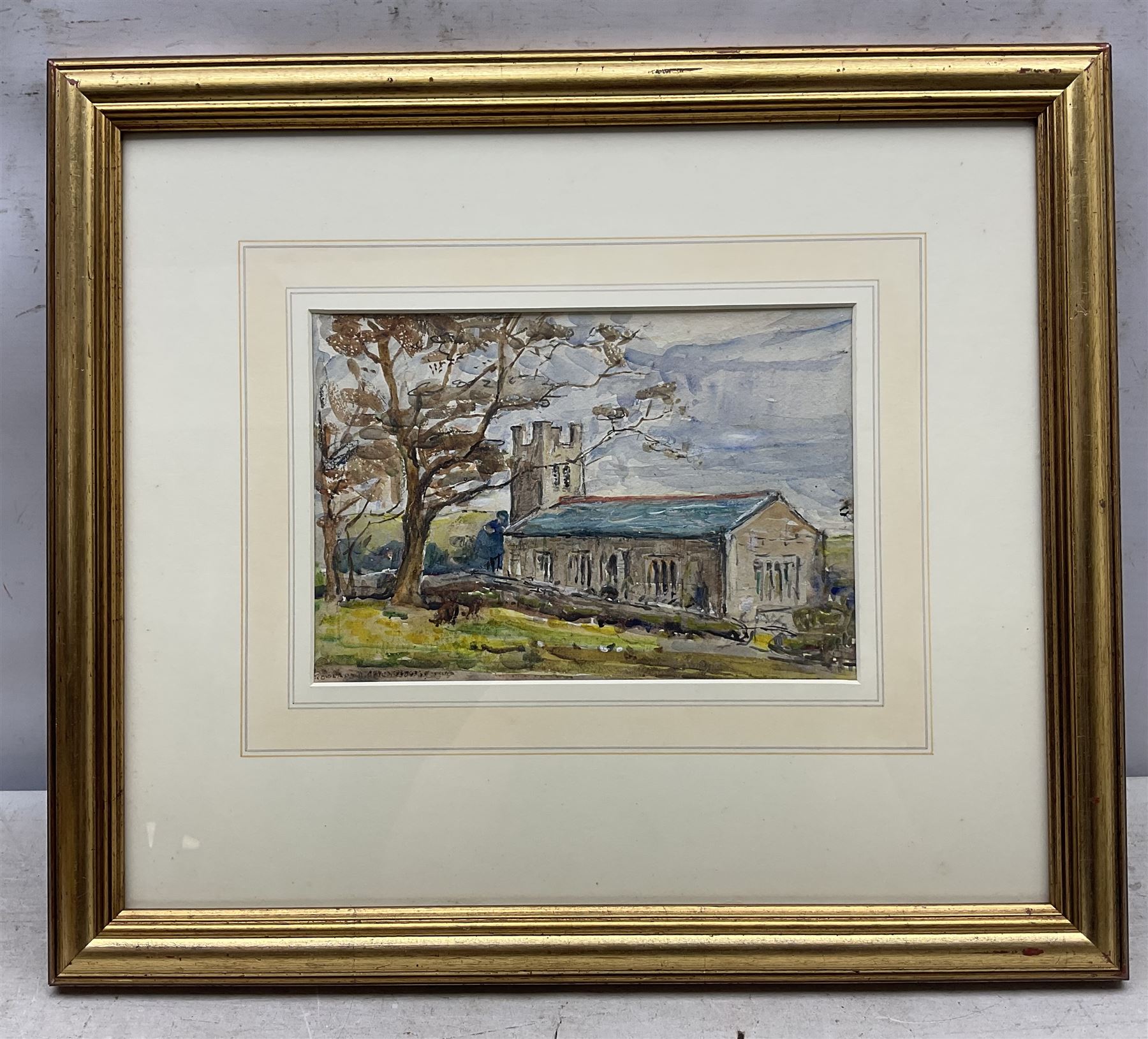 Rowland Henry Hill (Staithes Group 1873-1952): St Nicholas' Church - Roxby near Whitby, watercolour signed and dated 1930, 17cm x 24cm 
Provenance: with T B & R Jordan Fine Art Specialists, Stockton on Tees, label verso