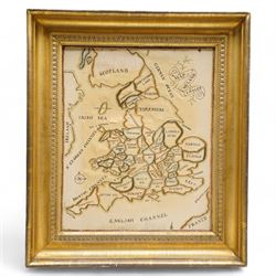 Late 18th to early 19th century framed embroidered needlework map of England and Wales on silk, divided into counties 39cm x 32cm, overall 52cm x 45cm