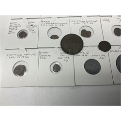 Coins including George III 1807 penny, George IV 1821 farthing, France Napoleon III 1867 one franc etc