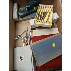 Orrefors glass vase, Walker & Hall silver plated flatware, together with three modern metal wine bottle stoppers, set of six Krysta glasses and other glassware and metal ware, in two boxes