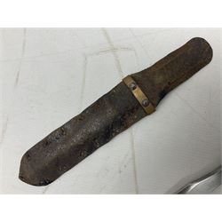 Scratch-built fighting/throwing knife, probably trench art, with 18cm steel spear type blade, plain cross-piece and French Lebel Rifle bayonet grip; in bras mounted studded leather sheath with belt hanger L29.5cm overall